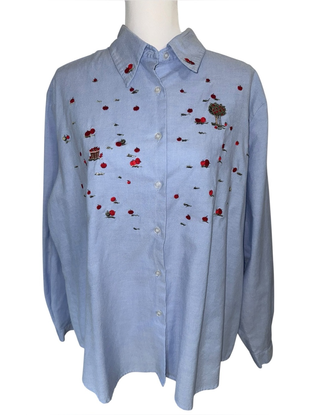 Southern Lady Apple Embroidered Button Up Shirt Plus Size 22W Blue Cottagecore